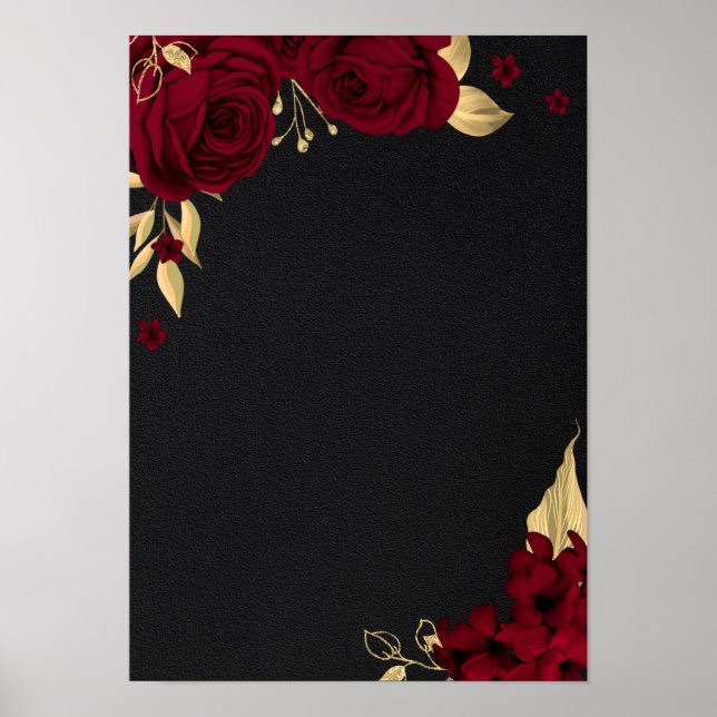 Poster preto floral elegante burgundy (Frente)
