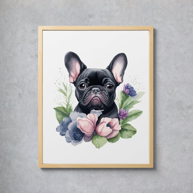 Poster Preto Frenchie Pug Dog Floral Watercolor (Black Frenchie Pug Dog Floral Watercolor Poster
)