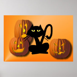 Poster preto liso do Dia das Bruxas do gatinho