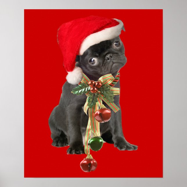 Póster Preto Pug Puppy Retrato de Natal (Frente)