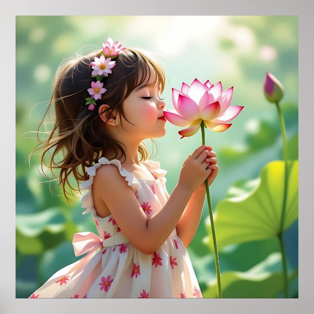 Poster Pretty Little Girl Smelling a Pink Rose (Frente)