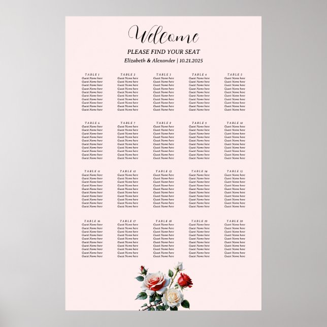 Poster Pretty pink white red roses seating chart (Frente)