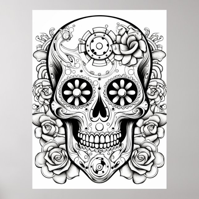 Poster Pretty Sugar Skull Image Black + White Art on Wall (Frente)