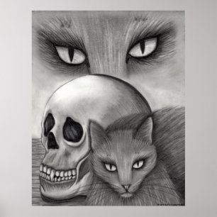 Poster Pri gótico da arte do gato da fantasia do crânio