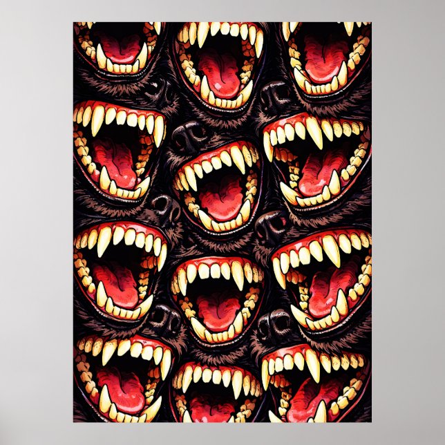 Poster Primal Wolf Pack Snarling Fangs Horror Pop Art (Frente)