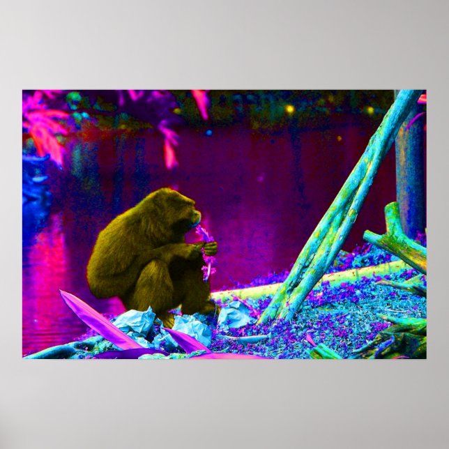 Póster Primate comendo verduras na borda do neon terrestr (Frente)