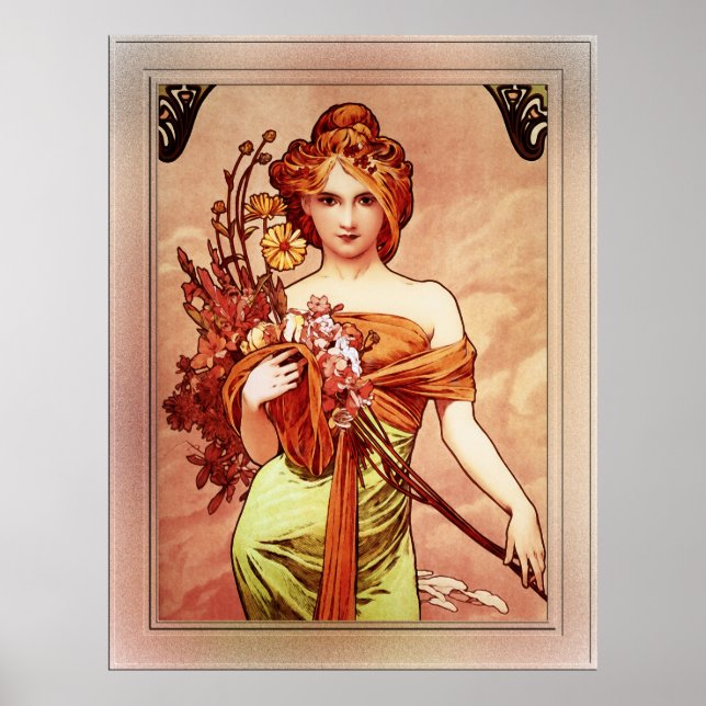 Poster Primavera A Beleza do Ouro por Alphonse Mucha (Frente)