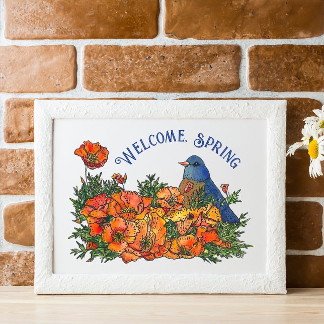 Poster Primavera Bird e Flores de Boas-Vindas para Downlo (Welcome Spring Bird in Flowers Art Print)