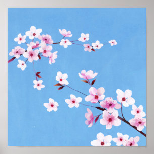 Poster Primavera Blue Sky Cherry Blossom Flores Warecolor