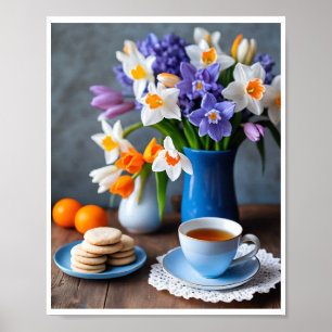 Poster Primavera Buquê de Daffodils Hyacinths Teacup
