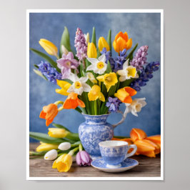 Poster Primavera Buquê de Daffodils Tulips Teacup
