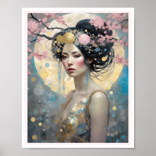 Poster Primavera Cherry Blossom Mulher com Círculos de Ca
