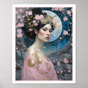 Poster Primavera Cherry Blossom Woman com cabelo escuro D