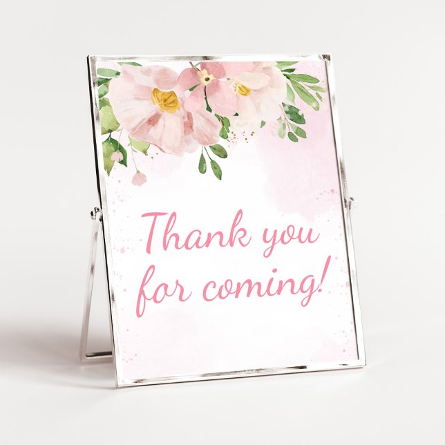 Poster Primavera cor-de-rosa pálido Obrigado por vir (Blush Pink Spring Floral Baby Shower Thank you for Coming Sign)