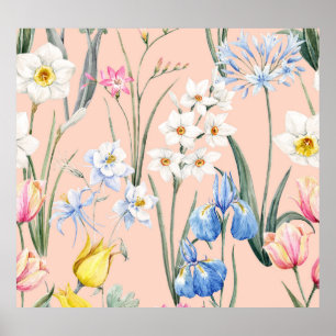 Poster Primavera d aquarelas florals, papel de parede ret