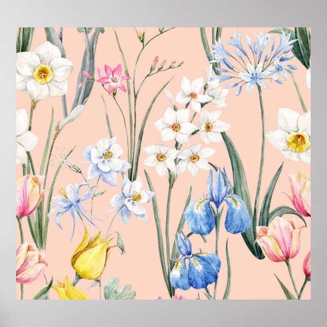 Poster Primavera d aquarelas florals, papel de parede ret (Frente)
