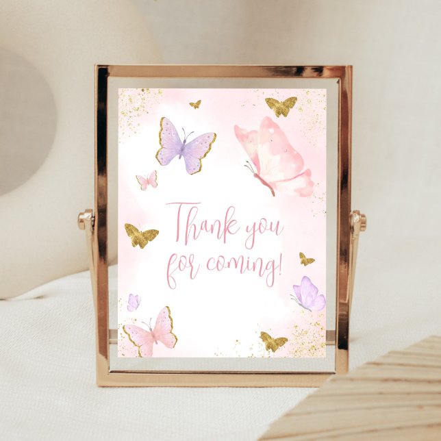 Poster Primavera de Borboleta Dourada rosa Obrigado por v (Purple Gold Butterfly Baby Shower Thank You for Coming Sign)