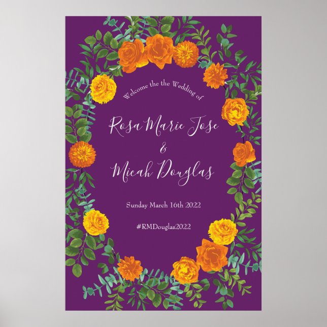 Poster Primavera de Casamento Rosa de Laranja Roxo (Frente)