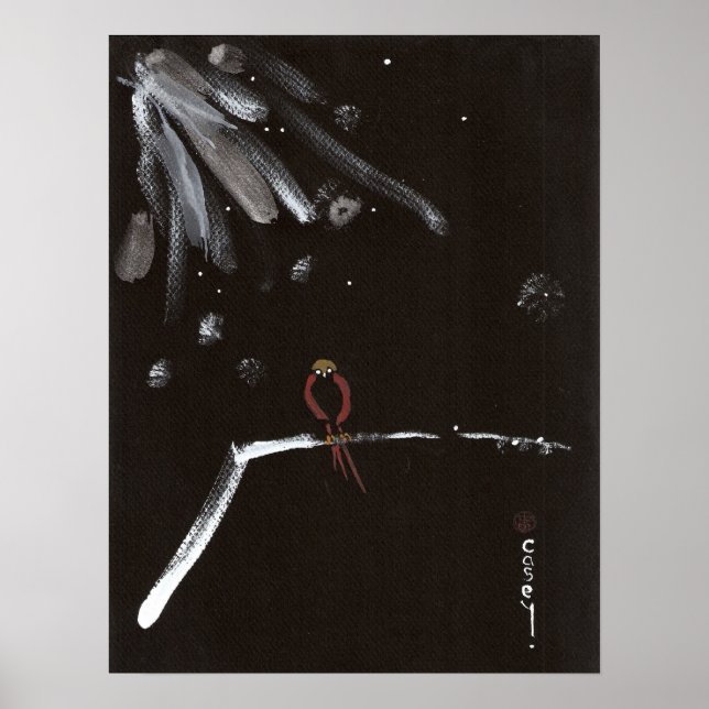 Poster Primavera de Contemplação de Pássaro Vermelho (Frente)