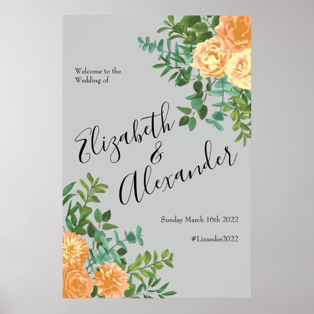 Poster Primavera Floral de Casamento de Cinza de Peach (Frente)