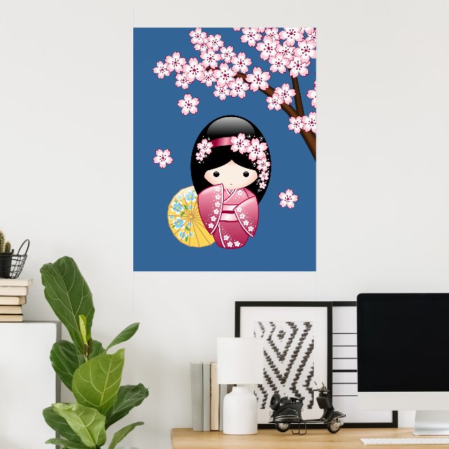 Póster Primavera Kokeshi Doll - Bonita Mancha Japonesa em (Escritório em casa)