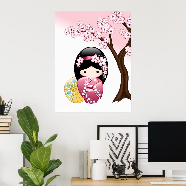 Poster Primavera Kokeshi Doll - Garota Geisha Japonesa Bo (Escritório em casa)