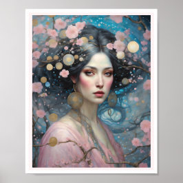 Poster Primavera Rosa Cereja Blossom Mulher Azul