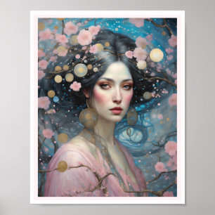 Poster Primavera Rosa Cereja Blossom Mulher Azul
