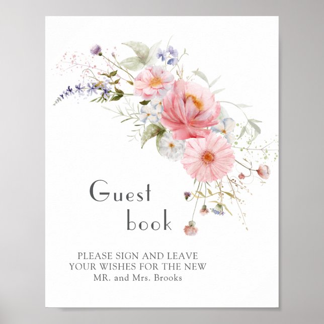Poster Primavera Wildflower Pink White Weding Guest book (Frente)