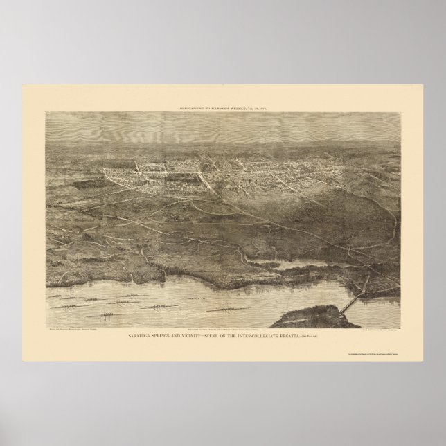 Póster Primaveras Saratoga, Mapa Panorâmico NY - 1874 (Frente)