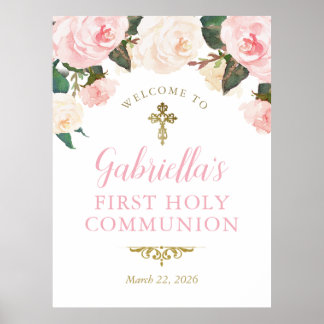 Poster Primeira Comunhão & Batismo, Floral Rosa Dourado