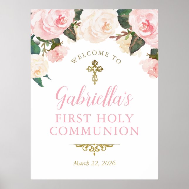 Poster Primeira Comunhão & Batismo, Floral Rosa Dourado (Frente)