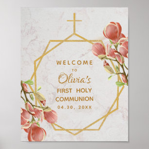 Poster Primeira Comunhão Boas-vindas Magnólia Rosa Floral