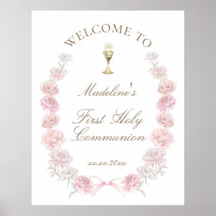 Poster Primeira Comunhão peônias rosa bem-vindo