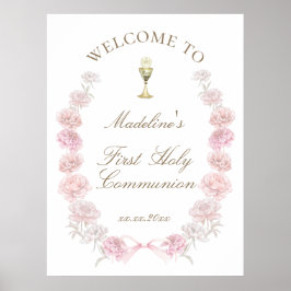 Poster Primeira Comunhão peônias rosa bem-vindo