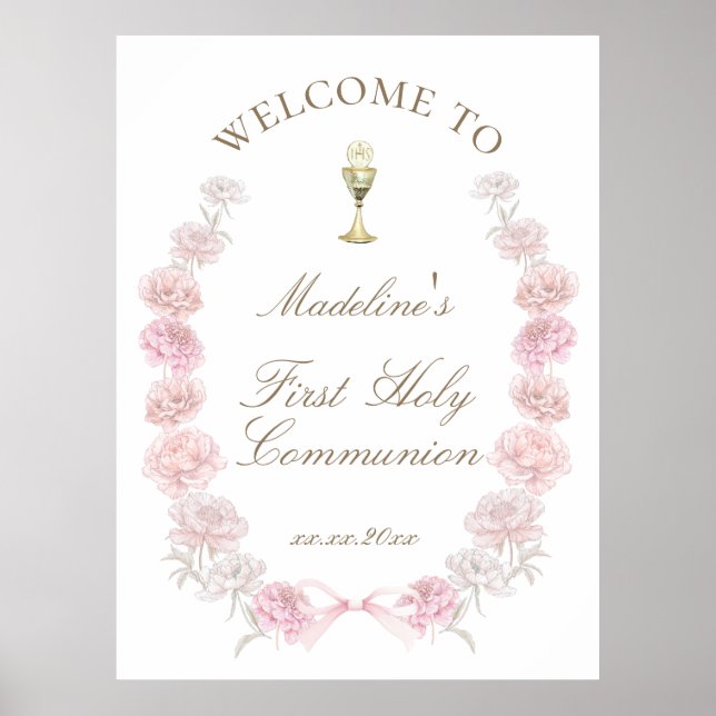 Poster Primeira Comunhão peônias rosa bem-vindo (Frente)
