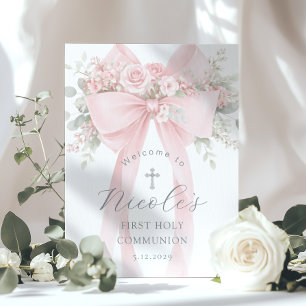 Poster Primeira Comunhão Solene Floral Rosa Bem-Vindo