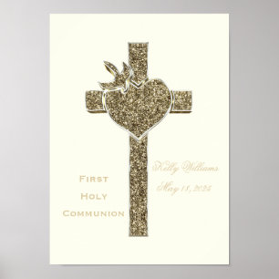 Poster Primeira cruz do comunhão santamente com pomba e