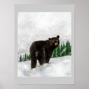Póster Primeira queda de neve Urso Negro Selvagem