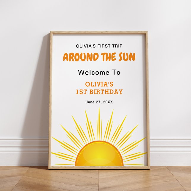Poster Primeira viagem à volta do primeiro aniversario Su (First Trip Around the Sun 1st Birthday Welcome Sign )