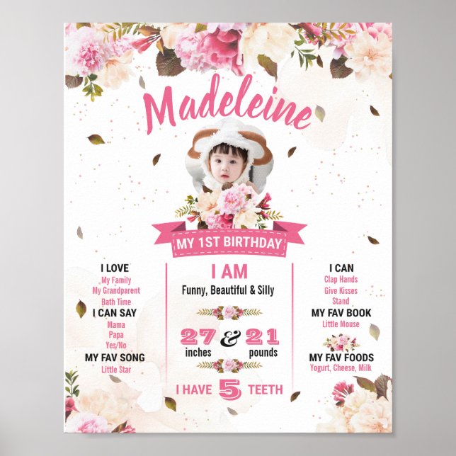 Poster Primeiro Aniversário da Bebê Menina (Frente)