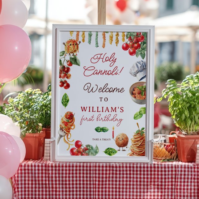 Poster Primeiro aniversario de carne Santa Cannoli (Holy Cannoli little meatball 1st birthday welcome Poster)