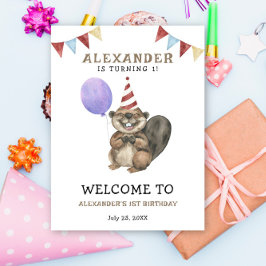 Poster Primeiro aniversario de castor de Cubo de Aquarela