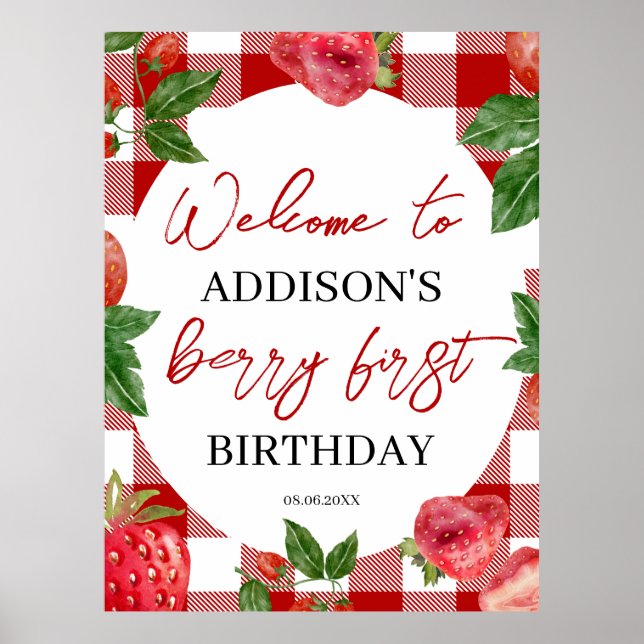 Poster Primeiro aniversario de morango Berry Sweet (Frente)