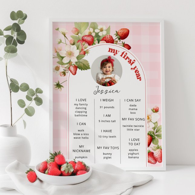 Poster Primeiro aniversario de morango marco na foto (Criador carregado)