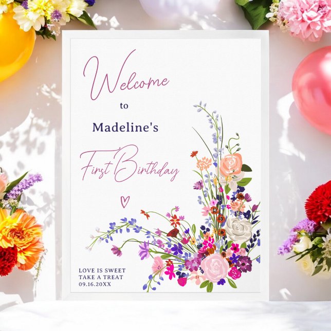 Poster Primeiro aniversario de script de flores silvestre (Modern wildflowers script 1st birthday welcome poster)