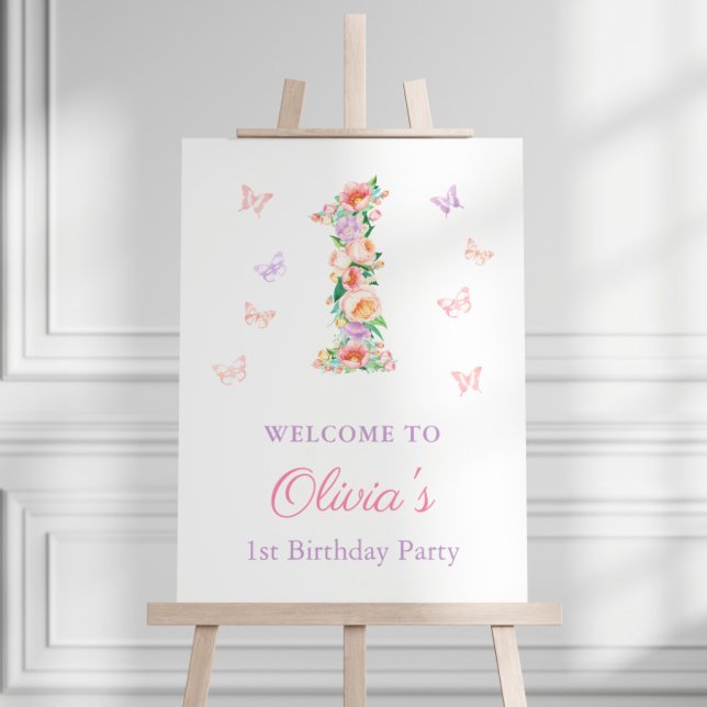Poster Primeiro aniversario Pastel Summer Garden - Boas-v (Pastel floral garden theme butterflies 1st birthday party welcome sign)