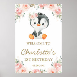 Poster Primeiro aniversario Pinguim Floral Rosa Blush Bem