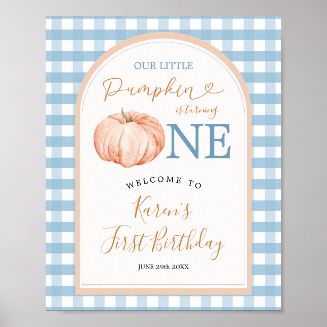 Poster Primeiro aniversario Pumpkin Boho Blue Gingham (Frente)