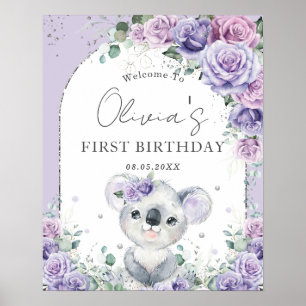 Poster Primeiro aniversario Roxo Lilac Floral Cute Koala
